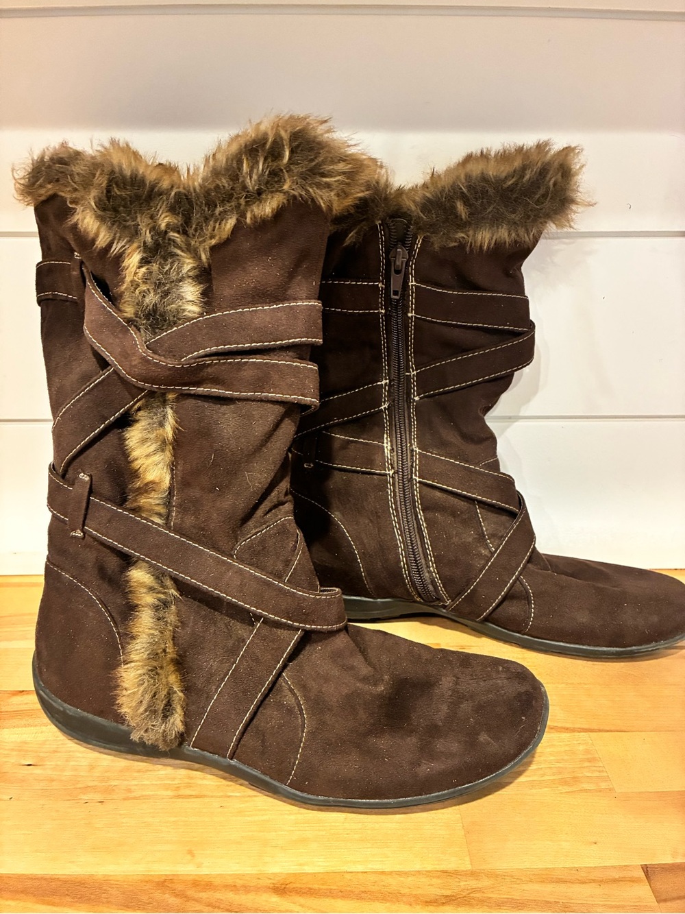 Natural Soul Brown Faux Suede Fur-Trim Mid-Calf Boots